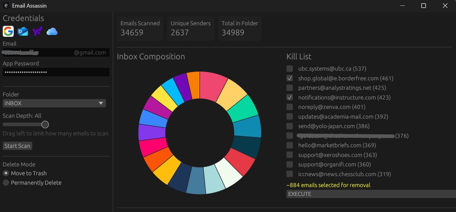 Inbox Cleanup tool interface showing email categorization